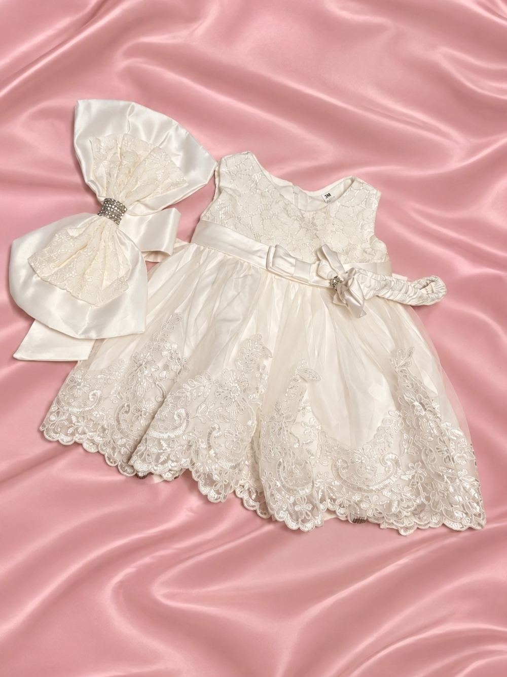 Ivory Lace & Tulle Girls' Formal Dress with Satin Bow